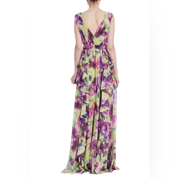 NWT Badgley Mischka Floral Ruffle V Neck Gown Purple Yellow Green 8 - Picture 15 of 16